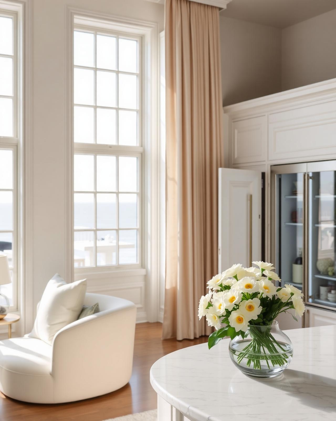 Light-filled coastal home interior with fresh flowers